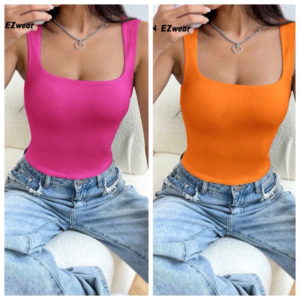 TWO SHEIN Square Neck Tank Top in Hot Pink and Bright Orange